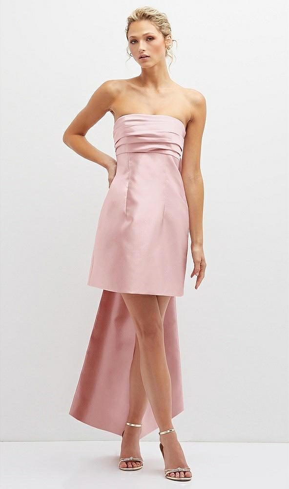 Front View - Ballet Pink Strapless Satin Column Mini Dress with Oversized Bow