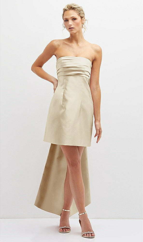 Front View - Champagne Strapless Satin Column Mini Dress with Oversized Bow