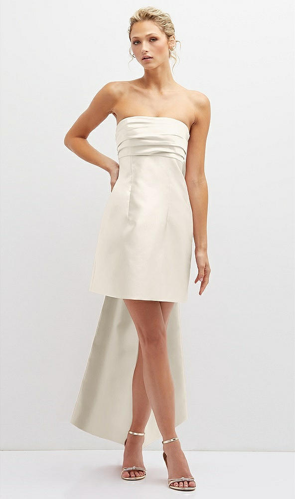 Front View - Ivory Strapless Satin Column Mini Dress with Oversized Bow