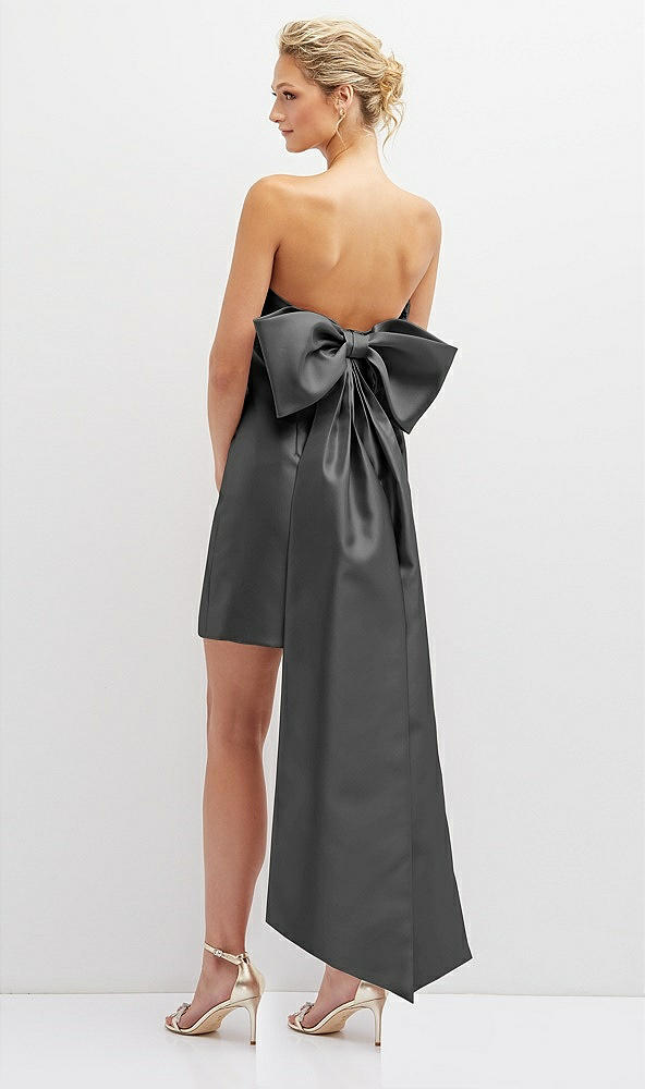 Back View - Pewter Strapless Satin Column Mini Dress with Oversized Bow