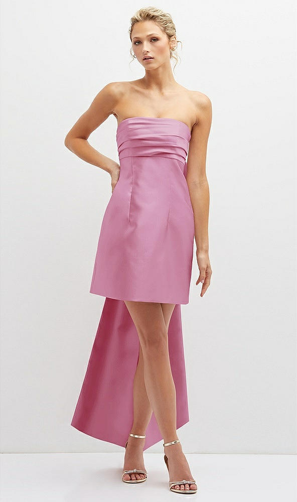 Front View - Powder Pink Strapless Satin Column Mini Dress with Oversized Bow