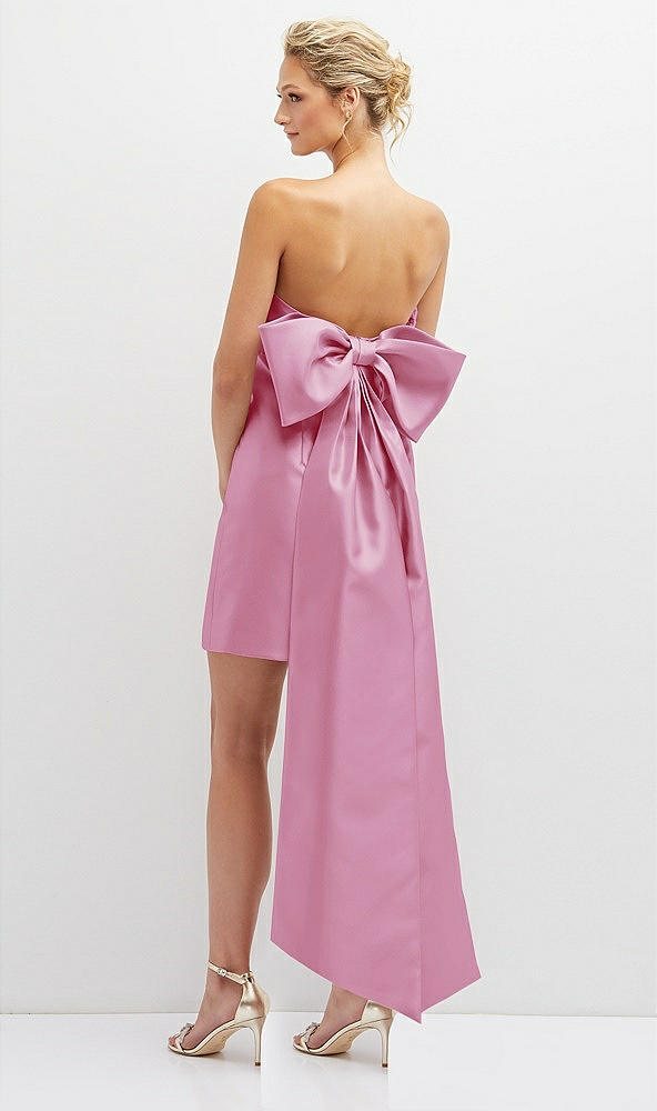 Back View - Powder Pink Strapless Satin Column Mini Dress with Oversized Bow