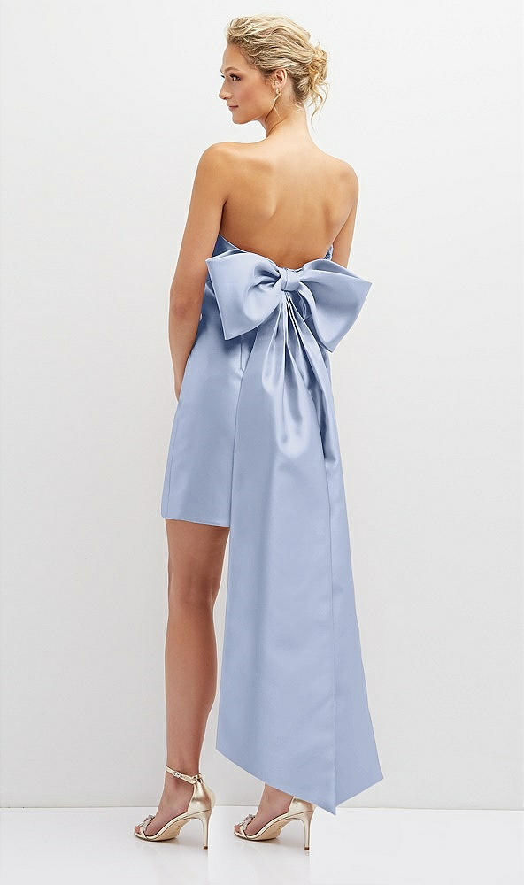 Back View - Sky Blue Strapless Satin Column Mini Dress with Oversized Bow