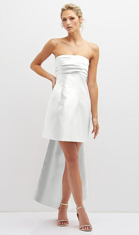 Front View - White Strapless Satin Column Mini Dress with Oversized Bow