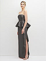 Side View Thumbnail - Caviar Gray Strapless Satin Maxi Dress with Cascade Ruffle Peplum Detail