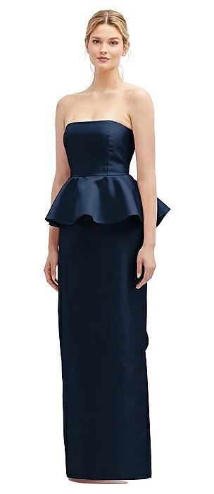 Strapless Satin Maxi Dress with Cascade Ruffle Peplum Detail