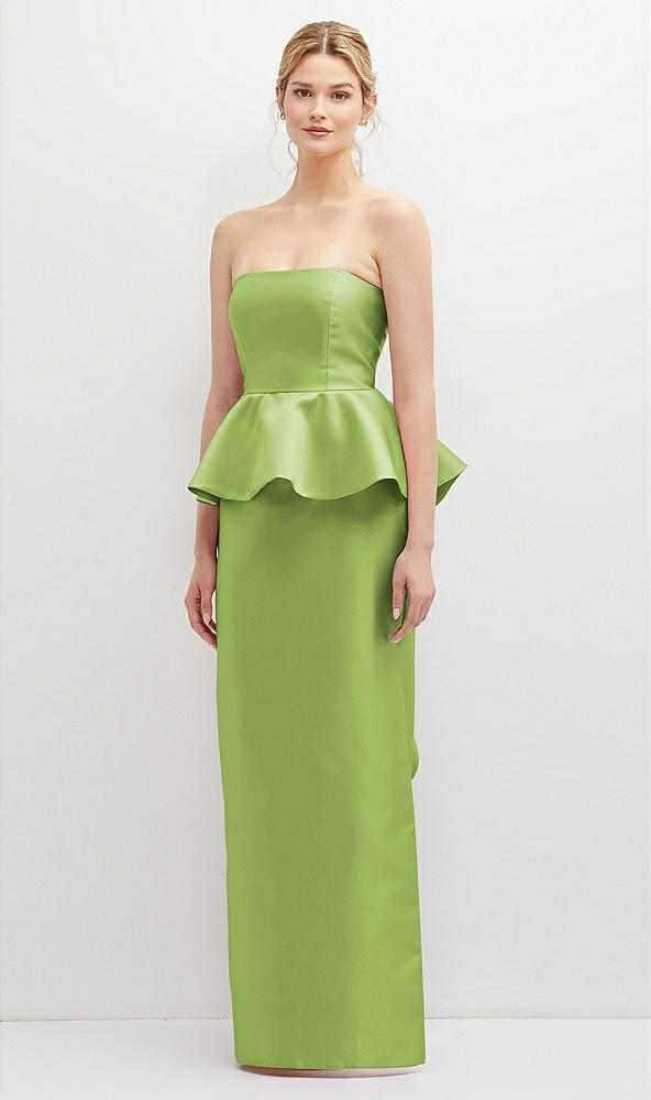 Front View - Mojito Strapless Satin Maxi Dress with Cascade Ruffle Peplum Detail