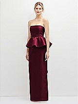 Front View Thumbnail - Cabernet Strapless Satin Maxi Dress with Cascade Ruffle Peplum Detail