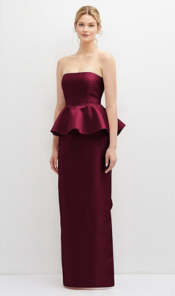 Front View - Cabernet Strapless Satin Maxi Dress with Cascade Ruffle Peplum Detail