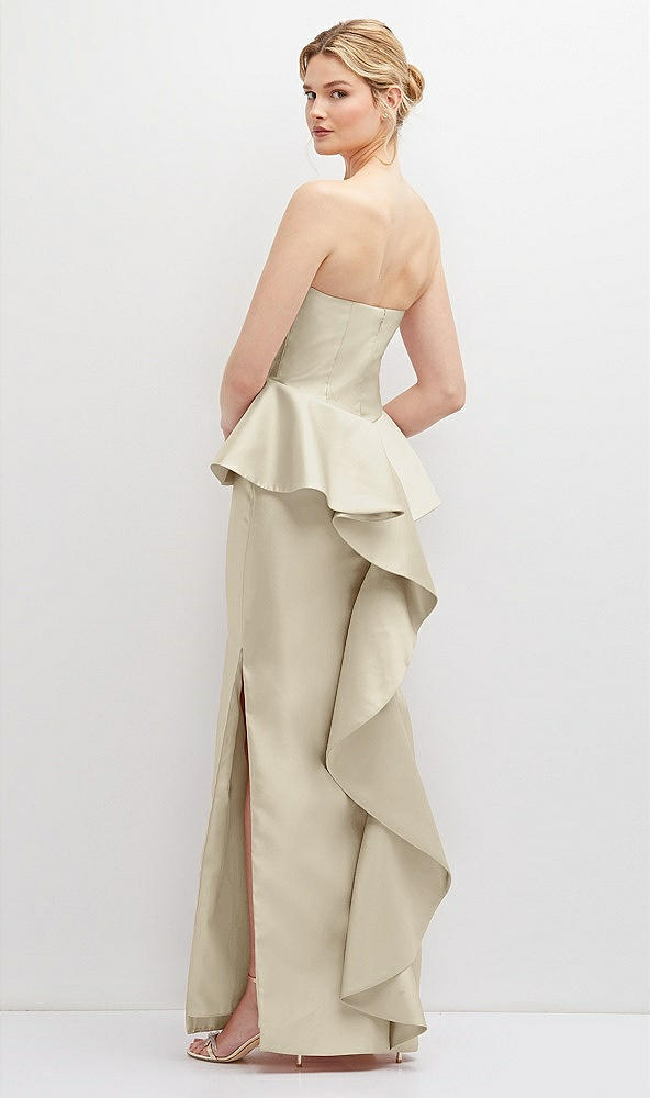 Back View - Champagne Strapless Satin Maxi Dress with Cascade Ruffle Peplum Detail