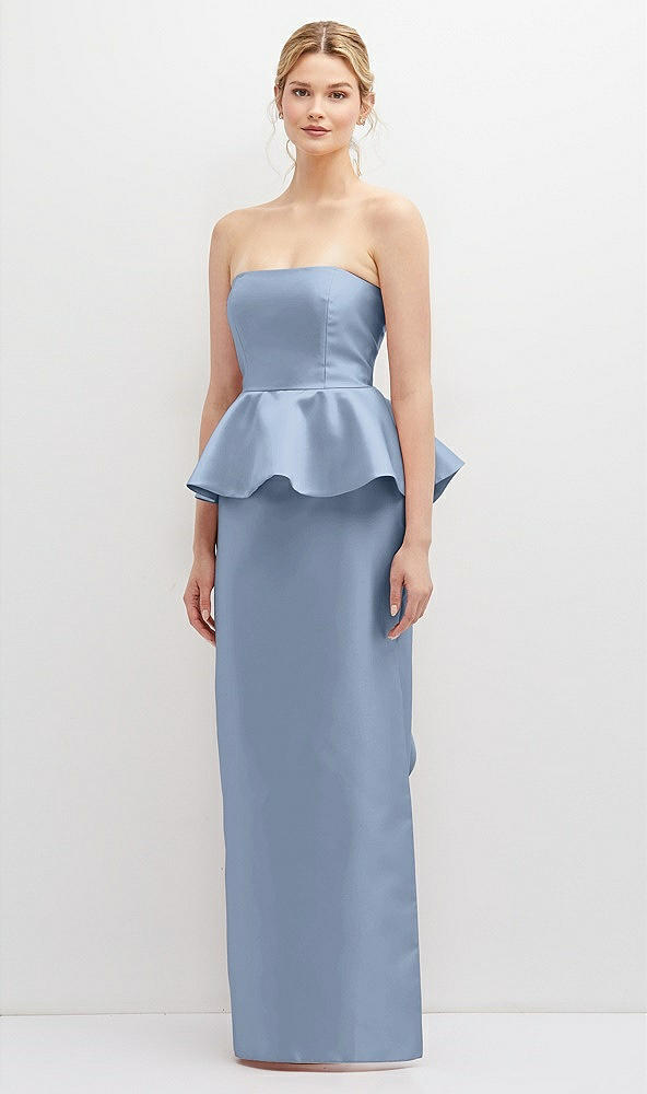 Front View - Cloudy Strapless Satin Maxi Dress with Cascade Ruffle Peplum Detail