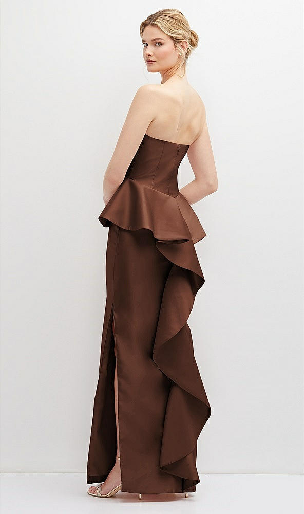 Back View - Cognac Strapless Satin Maxi Dress with Cascade Ruffle Peplum Detail