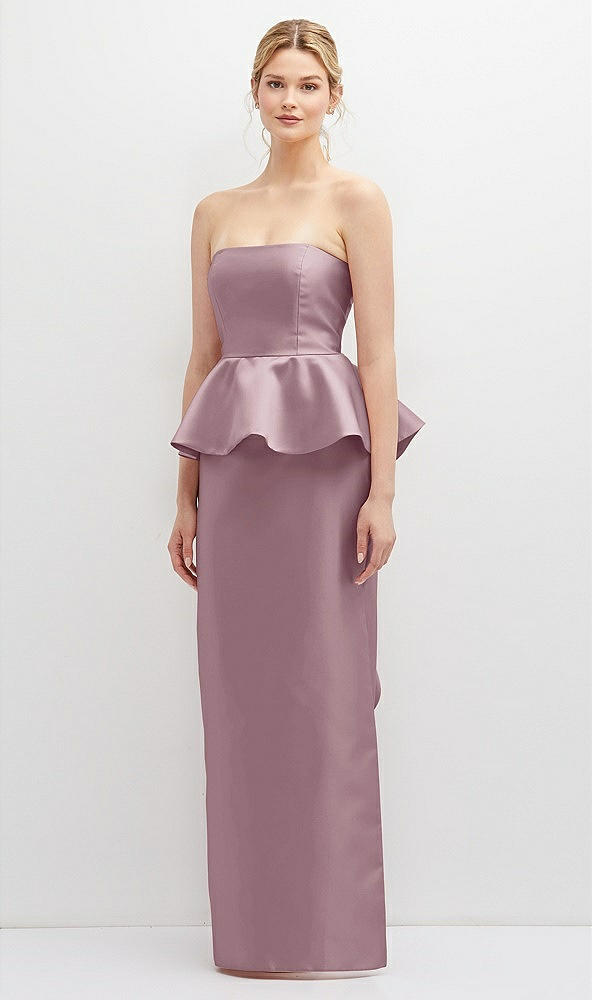 Front View - Dusty Rose Strapless Satin Maxi Dress with Cascade Ruffle Peplum Detail