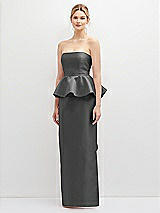 Front View Thumbnail - Gunmetal Strapless Satin Maxi Dress with Cascade Ruffle Peplum Detail