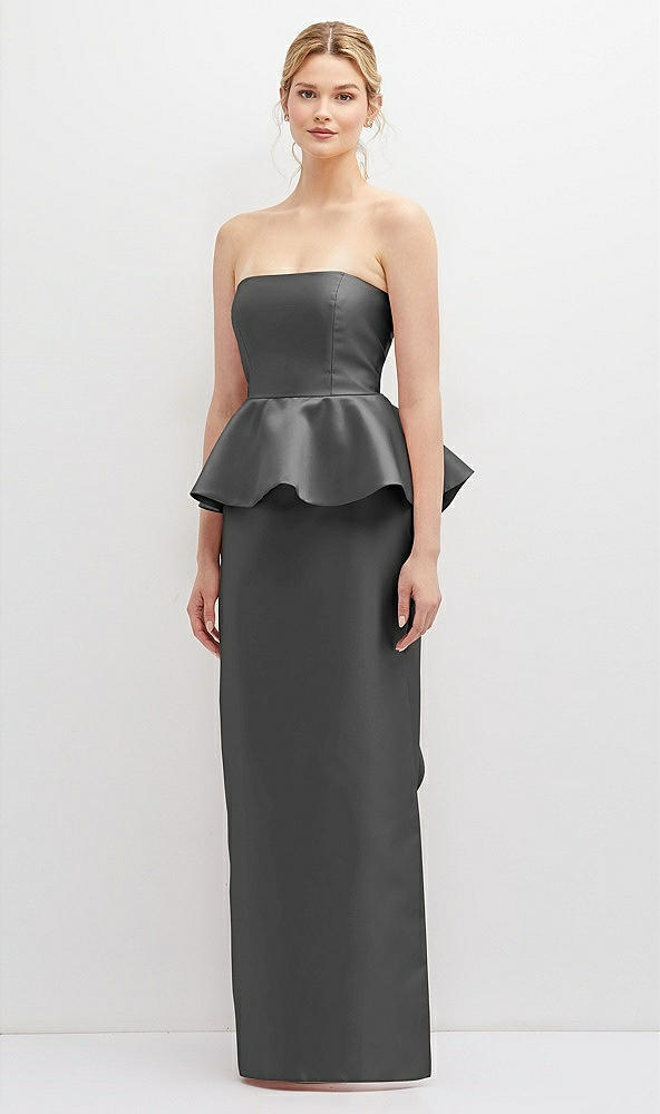 Front View - Gunmetal Strapless Satin Maxi Dress with Cascade Ruffle Peplum Detail