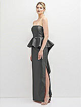 Side View Thumbnail - Gunmetal Strapless Satin Maxi Dress with Cascade Ruffle Peplum Detail