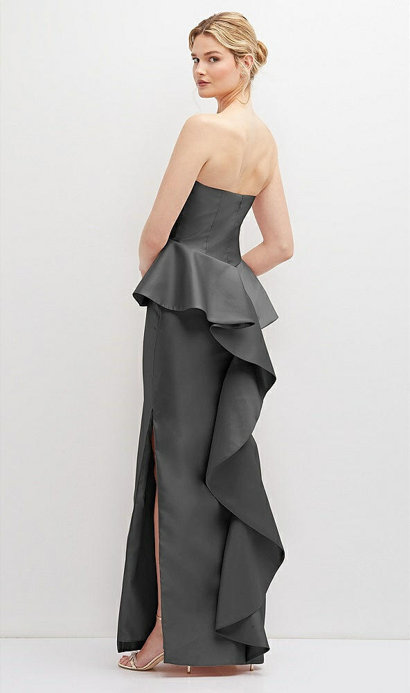 Back View - Gunmetal Strapless Satin Maxi Dress with Cascade Ruffle Peplum Detail