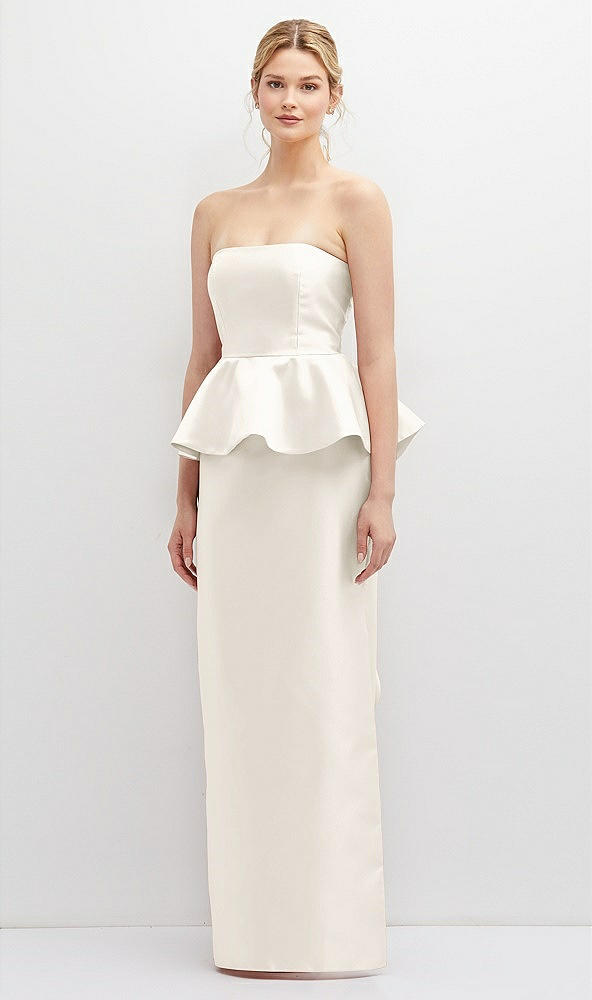 Front View - Ivory Strapless Satin Maxi Dress with Cascade Ruffle Peplum Detail