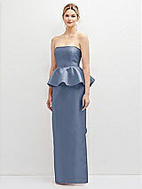 Front View Thumbnail - Larkspur Blue Strapless Satin Maxi Dress with Cascade Ruffle Peplum Detail