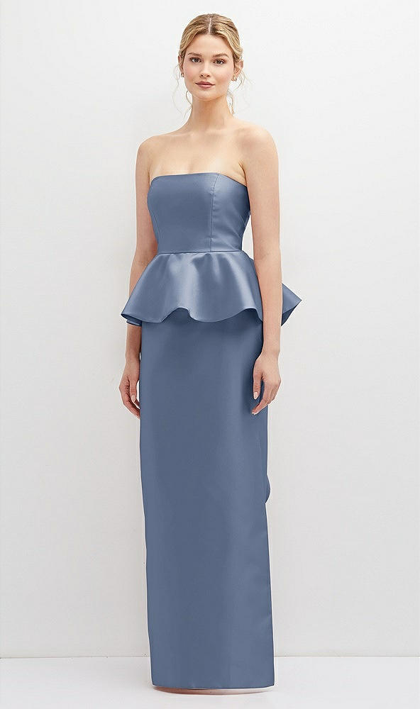 Front View - Larkspur Blue Strapless Satin Maxi Dress with Cascade Ruffle Peplum Detail