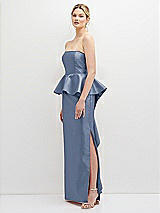 Side View Thumbnail - Larkspur Blue Strapless Satin Maxi Dress with Cascade Ruffle Peplum Detail