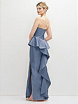 Rear View Thumbnail - Larkspur Blue Strapless Satin Maxi Dress with Cascade Ruffle Peplum Detail