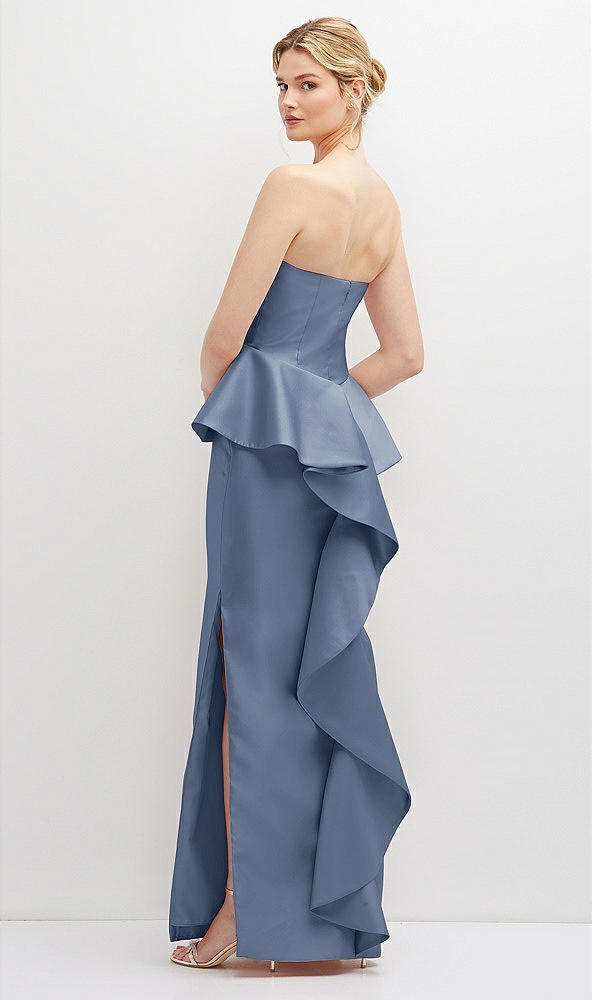 Back View - Larkspur Blue Strapless Satin Maxi Dress with Cascade Ruffle Peplum Detail