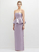 Front View Thumbnail - Lilac Haze Strapless Satin Maxi Dress with Cascade Ruffle Peplum Detail