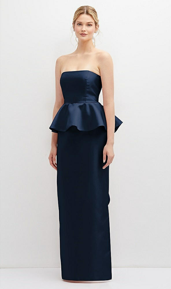 Front View - Midnight Navy Strapless Satin Maxi Dress with Cascade Ruffle Peplum Detail