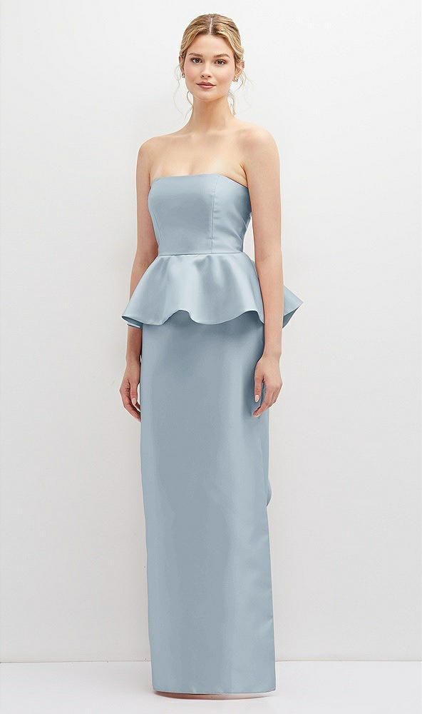 Front View - Mist Strapless Satin Maxi Dress with Cascade Ruffle Peplum Detail