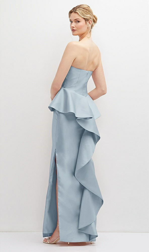 Back View - Mist Strapless Satin Maxi Dress with Cascade Ruffle Peplum Detail