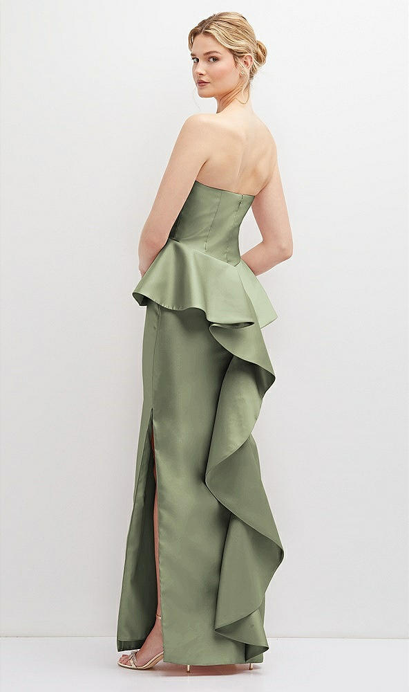 Back View - Sage Strapless Satin Maxi Dress with Cascade Ruffle Peplum Detail