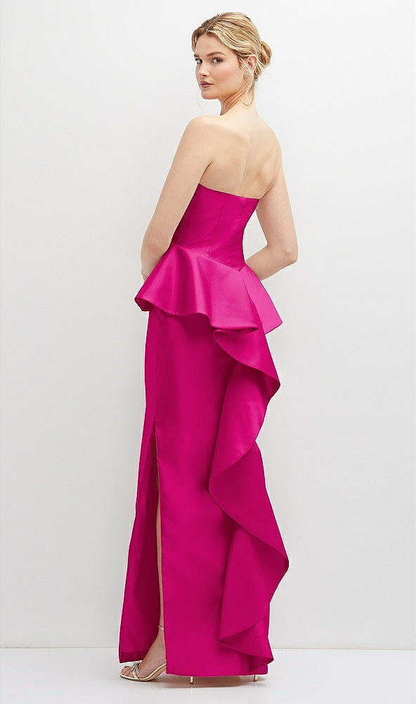 Back View - Think Pink Strapless Satin Maxi Dress with Cascade Ruffle Peplum Detail