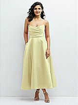 Front View Thumbnail - Butter Yellow Draped Bodice Strapless Satin Midi Dress with Full Circle Skirt