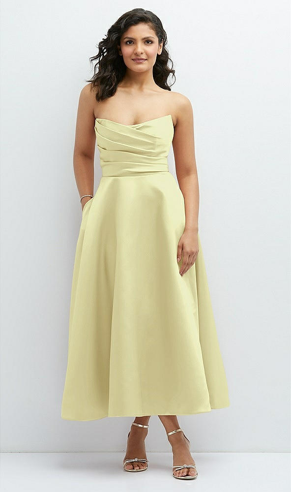 Front View - Butter Yellow Draped Bodice Strapless Satin Midi Dress with Full Circle Skirt