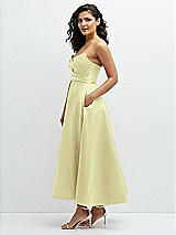 Side View Thumbnail - Butter Yellow Draped Bodice Strapless Satin Midi Dress with Full Circle Skirt