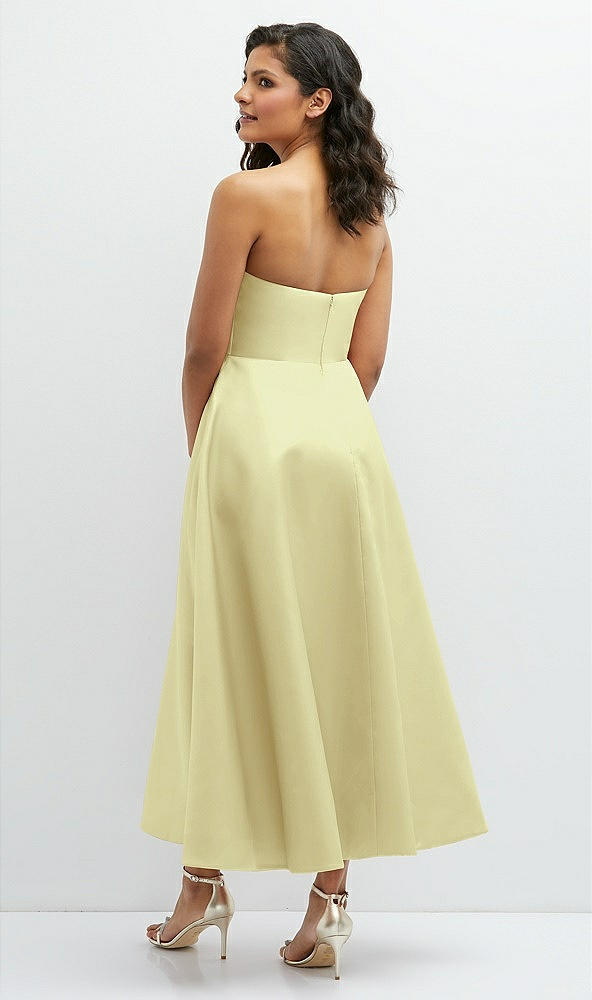 Back View - Butter Yellow Draped Bodice Strapless Satin Midi Dress with Full Circle Skirt