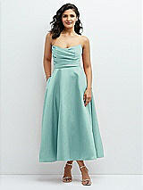 Front View Thumbnail - Coastal Draped Bodice Strapless Satin Midi Dress with Full Circle Skirt