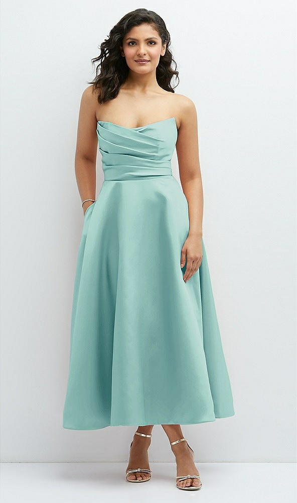 Front View - Coastal Draped Bodice Strapless Satin Midi Dress with Full Circle Skirt