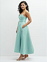 Side View Thumbnail - Coastal Draped Bodice Strapless Satin Midi Dress with Full Circle Skirt