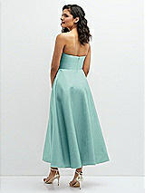 Rear View Thumbnail - Coastal Draped Bodice Strapless Satin Midi Dress with Full Circle Skirt