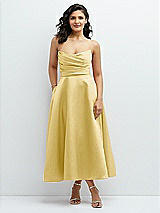 Front View Thumbnail - Maize Draped Bodice Strapless Satin Midi Dress with Full Circle Skirt