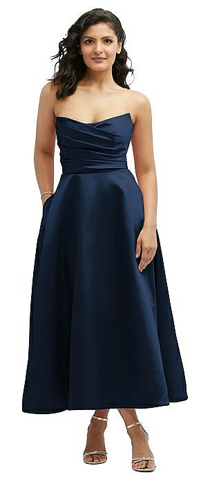 Draped Bodice Strapless Satin Midi Dress with Full Circle Skirt