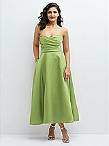 Front View Thumbnail - Mojito Draped Bodice Strapless Satin Midi Dress with Full Circle Skirt