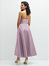 Rear View Thumbnail - Suede Rose Draped Bodice Strapless Satin Midi Dress with Full Circle Skirt