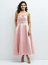 Front View Thumbnail - Ballet Pink Draped Bodice Strapless Satin Midi Dress with Full Circle Skirt