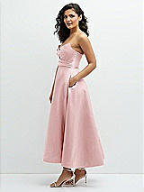 Side View Thumbnail - Ballet Pink Draped Bodice Strapless Satin Midi Dress with Full Circle Skirt