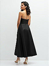 Rear View Thumbnail - Black Draped Bodice Strapless Satin Midi Dress with Full Circle Skirt