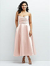 Front View Thumbnail - Blush Draped Bodice Strapless Satin Midi Dress with Full Circle Skirt