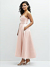 Side View Thumbnail - Blush Draped Bodice Strapless Satin Midi Dress with Full Circle Skirt